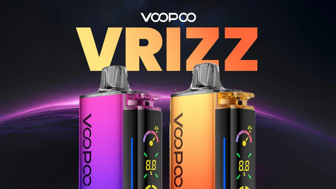 Two bright vape devices, one pink and one orange, with sleek digital displays. Background features a dark cosmic theme with "VRIZZ" text above.