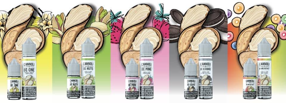 Five bottles of e-liquid with different flavors are displayed. Each bottle is in front of illustrated cannoli and relevant flavor elements, including various fruits, nuts, and cookies on vibrant backgrounds, conveying a playful and whimsical tone.
