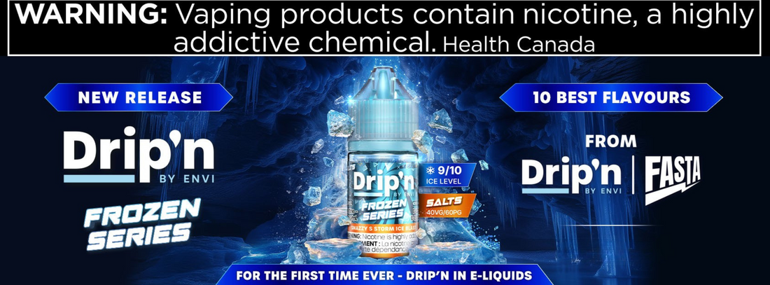 Drip'n Frozen Series vape juice. Central icy blue theme with a bottle image. Warning: Contains nicotine. Promotes new release, 10 flavors.