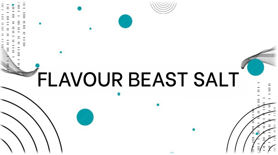 White background with black text reading "FLAVOUR BEAST SALT." Features abstract elements: grey waves and teal circles. Modern and dynamic design.