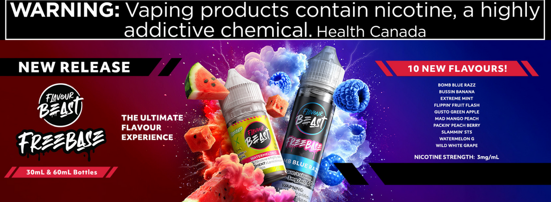 Bright ad for Flavour Beast Freebase vape liquids in 10 fruity flavors. Includes vibrant images of bottles, watermelon, and berries.