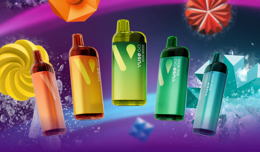 Vibrant e-cigarette devices Vuse Go 8000 in assorted colors float against a dynamic background of swirling shapes and bright elements, conveying energy and modernity.