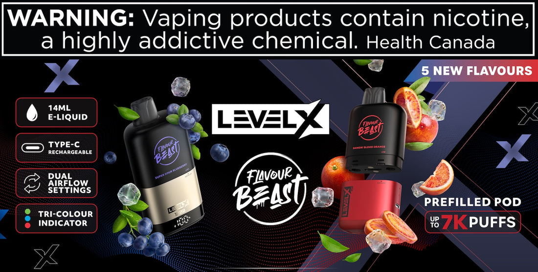 Level X vaping products. Two vape devices are surrounded by fruit and ice cube images. Features include 14ml e-liquid, Type-C recharge, dual airflow, and tri-colour indicator.Five new flavours are highlighted, with prefilled pods 