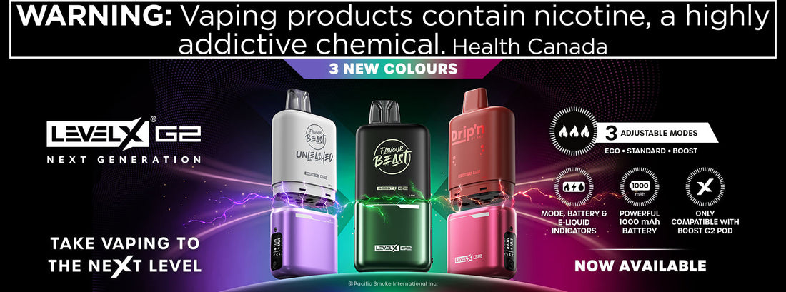 Level X G2 vaping products. Three vape devices in purple, black, and red are displayed with lighting effects. Text includes a nicotine warning and features like adjustable modes, and a 1000 mAh battery. The slogan reads, 'Take vaping to the next level.'