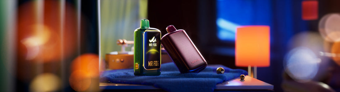 Two stylish Mr Fog Nova vape devices sit on a blue cloth, set against a vibrant backdrop with orange and blue lighting. Keywords: vape, colorful, modern.
