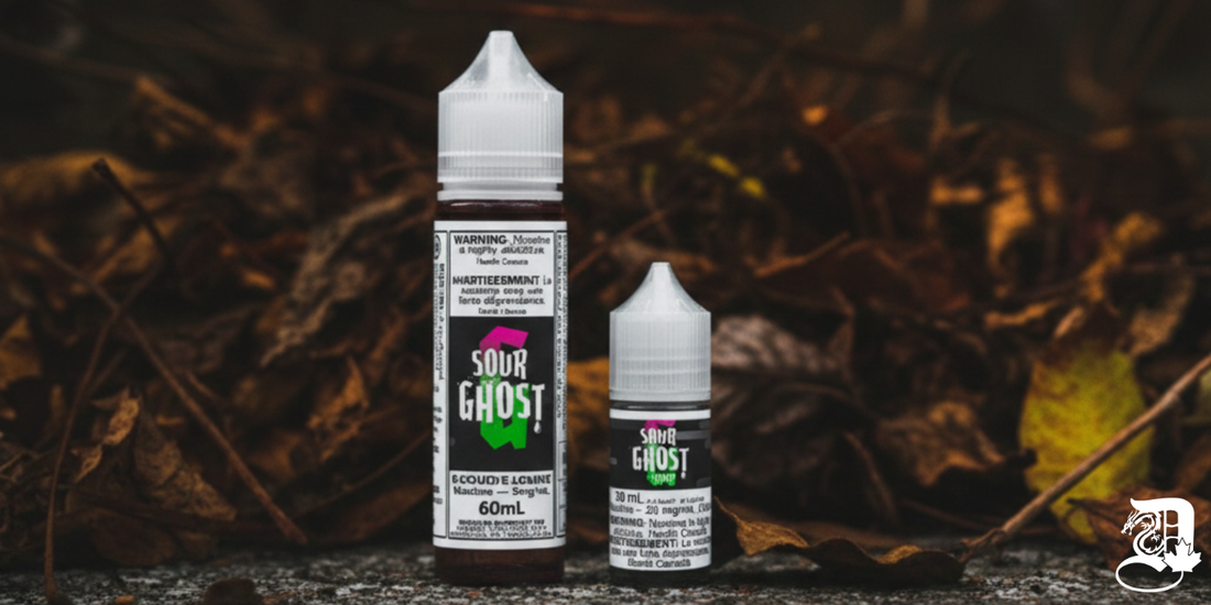 Two bottles labeled "Sour Ghost" stand on a concrete surface. The larger bottle is 60 mL, and the smaller is 30 mL. Autumn leaves are in the background.