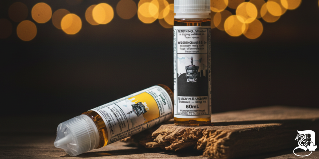 Two e-liquid bottles with detailed labels rest on a wooden surface. Warm bokeh lights in the background add a cozy ambiance.
