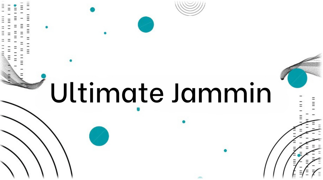 Alt text: "Graphic with the text 'Ultimate Jammin vapes' in bold. Abstract design elements, blue circles, and curved lines add a dynamic, energetic feel."