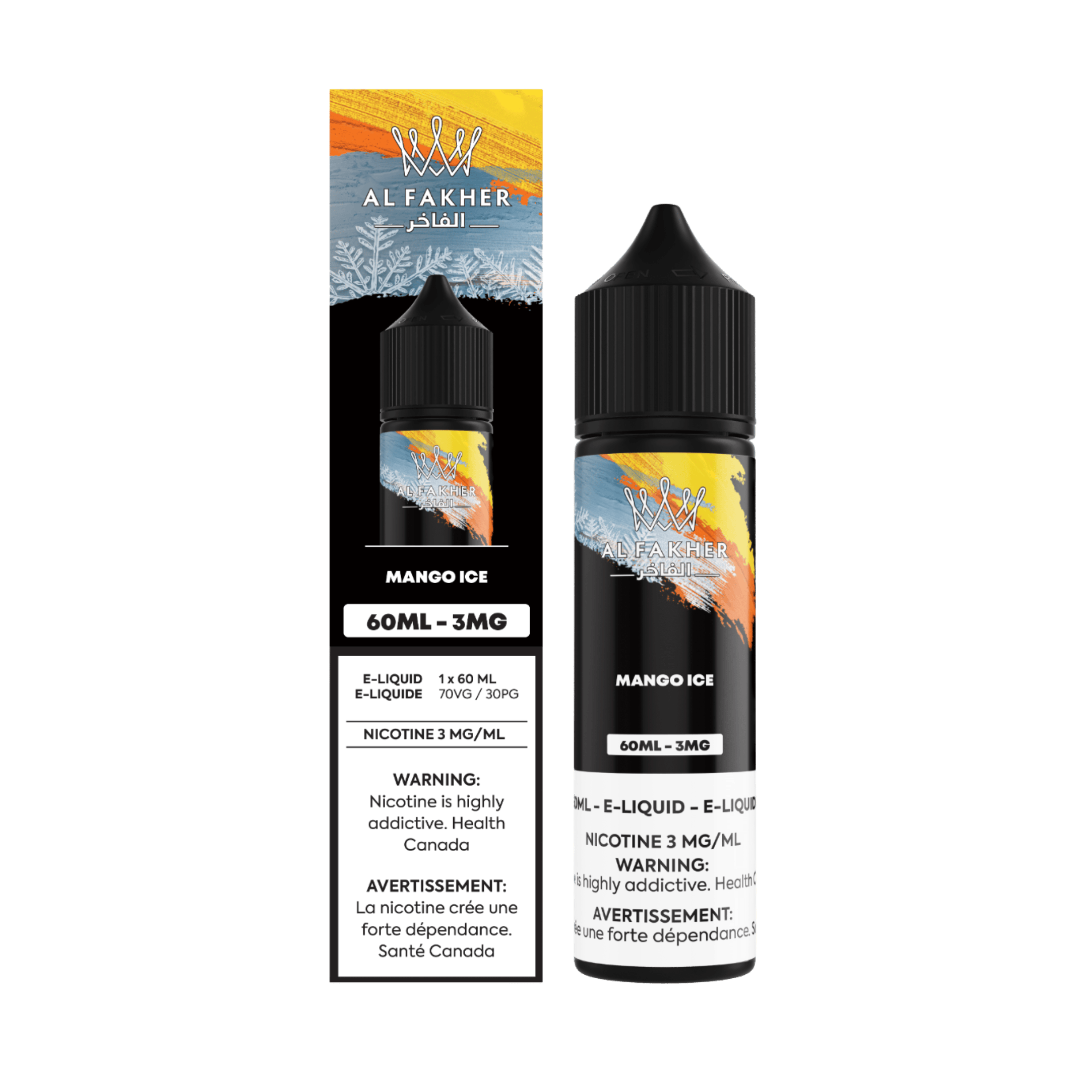 Al Fakher Freebase Mango Ice 60mL e-liquid bottle with tropical mango and ice-themed design.