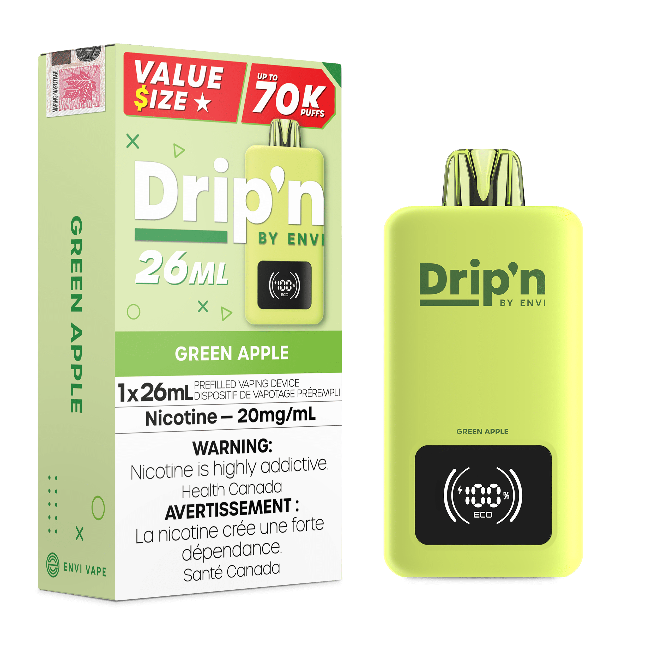 Envi Drip'n 26ML - Green Apple Disposable Vape available on Canada online vape shop