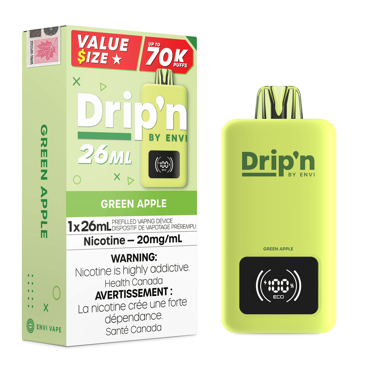 Envi Drip'n 26ML - Green Apple Disposable Vape available on Canada online vape shop