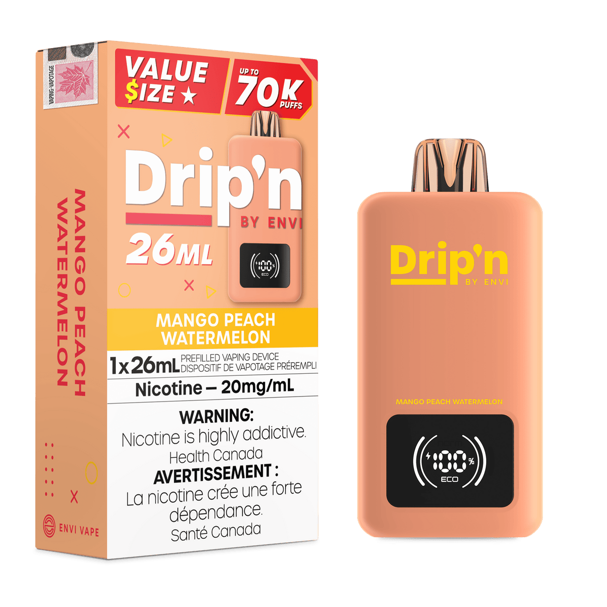 Envi Drip'n 26ML - Mango Peach Watermelon Disposable Vape available on Canada online vape shop