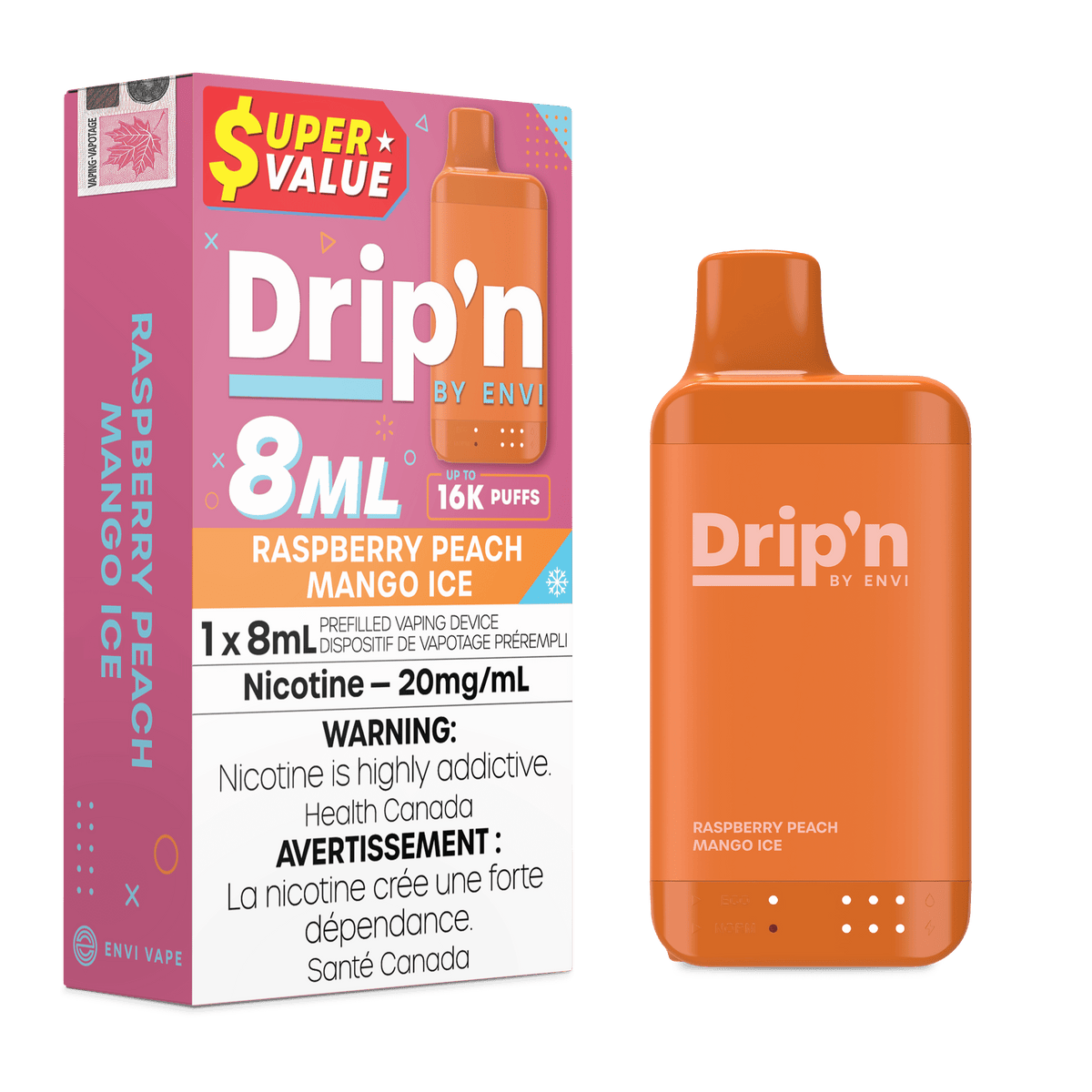 Envi Drip'n 8ML - Raspberry Peach Mango Ice Disposable Vape available on Canada online vape shop