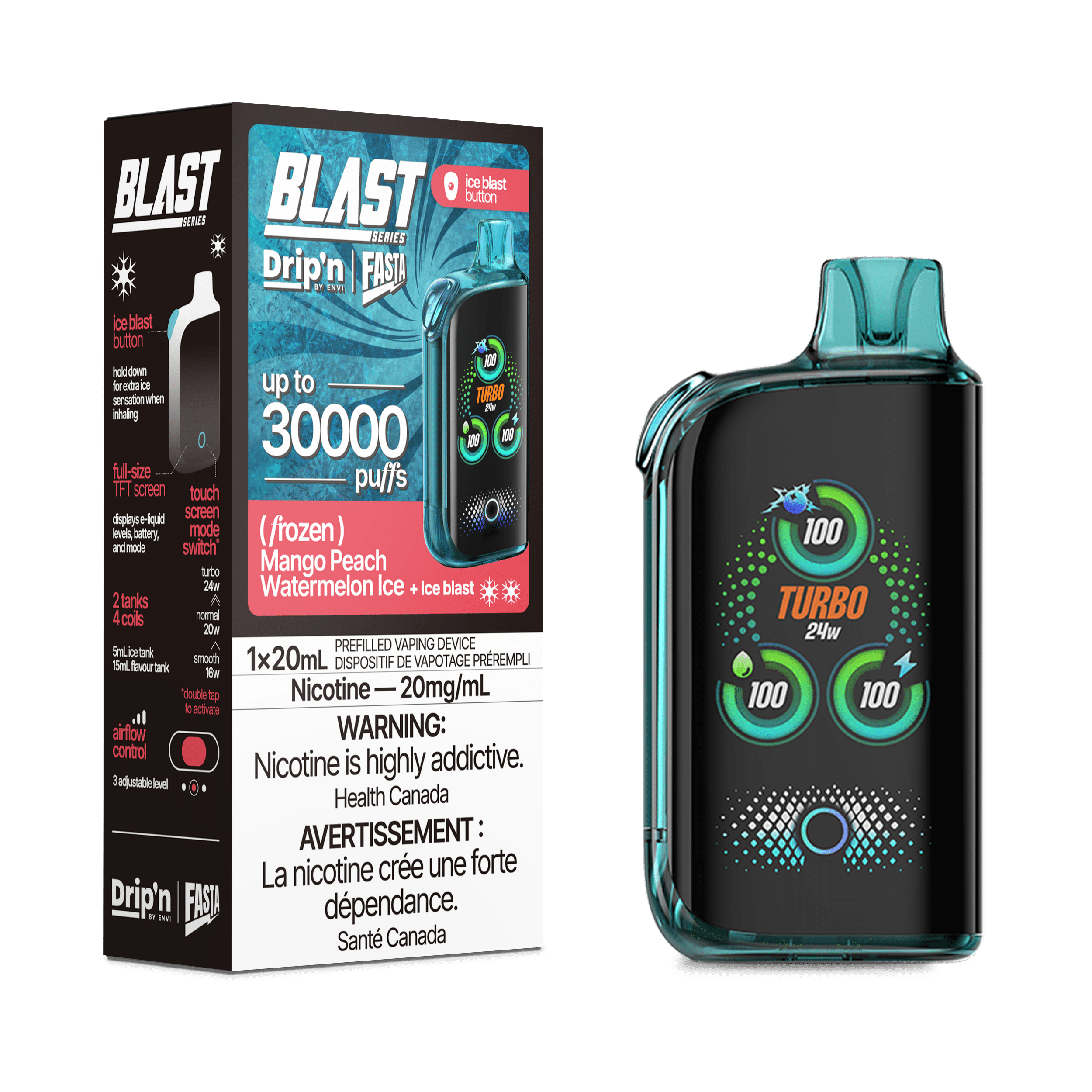 ENVI Drip'n Fasta Blast 30k - Mango Peach Watermelon Ice Disposable Vape available on Canada online vape shop