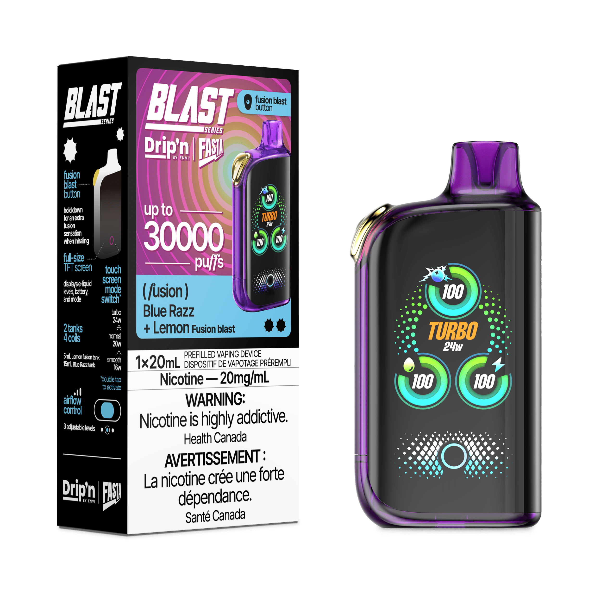 ENVI Drip'n Fasta Blast Fusion Series 30K - Blue Razz + Lemon Disposable Vape available on Canada online vape shop