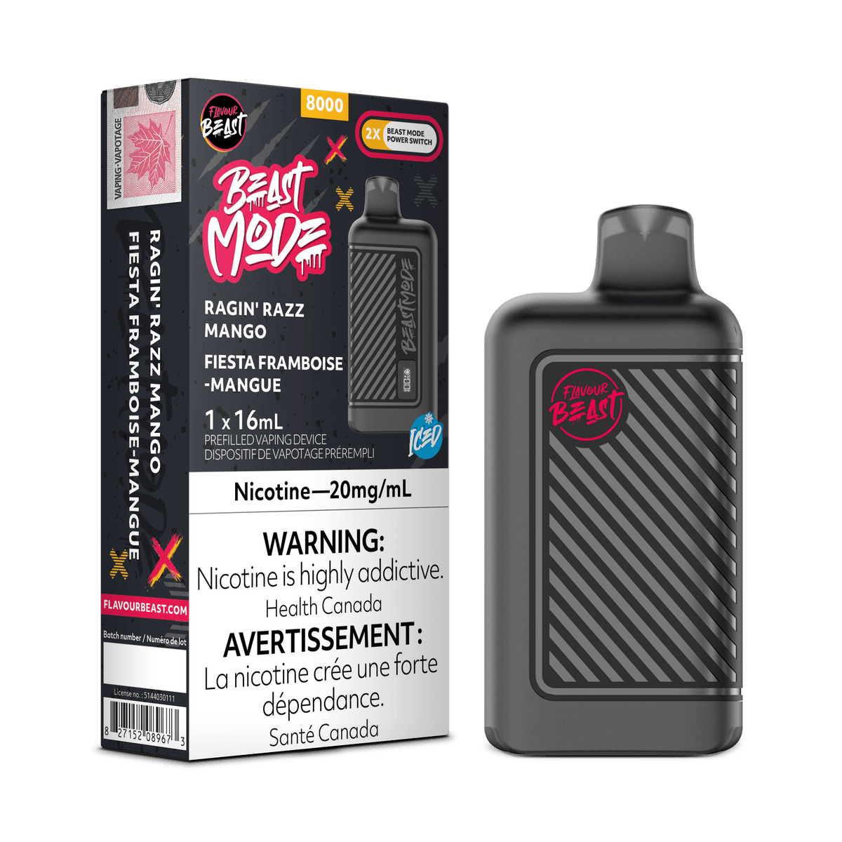 Flavour Beast Beast Mode 8K - Ragin' Razz Mango Iced Disposable Vape available on Canada online vape shop