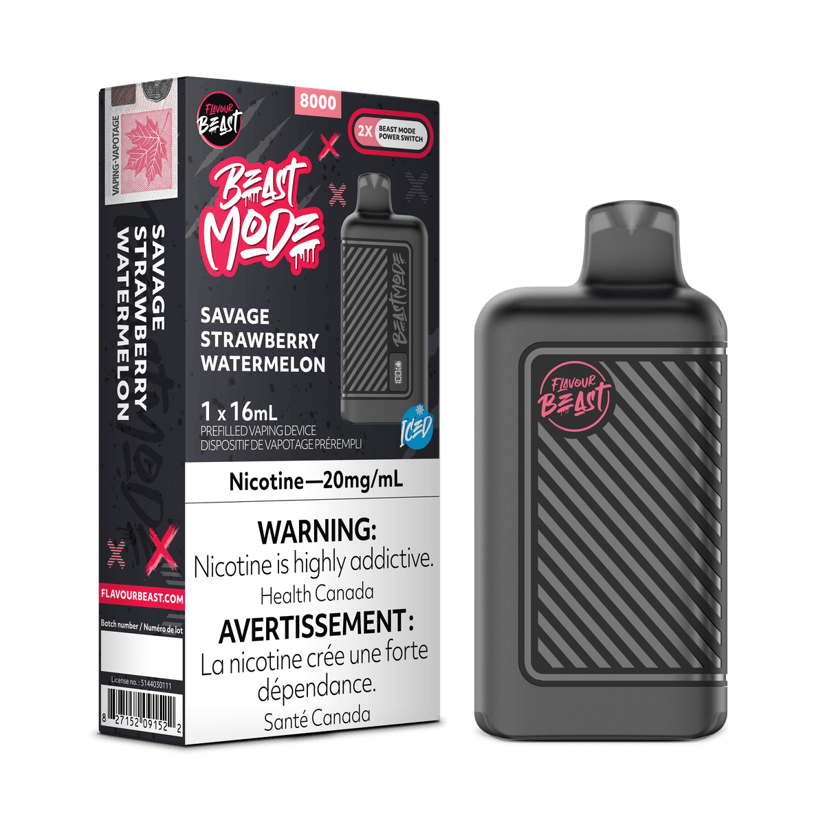 Flavour Beast Beast Mode 8K - Savage Strawberry Watermelon Iced Disposable Vape available on Canada online vape shop
