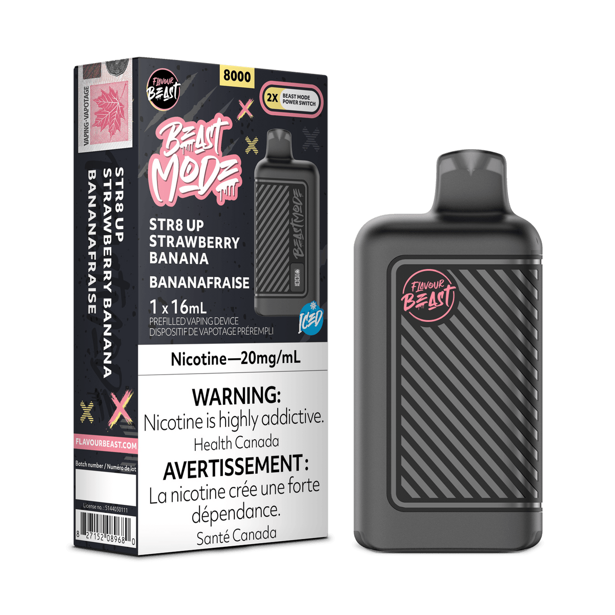 Flavour Beast Beast Mode 8K - STR8 UP Strawberry Banana Iced Disposable Vape available on Canada online vape shop