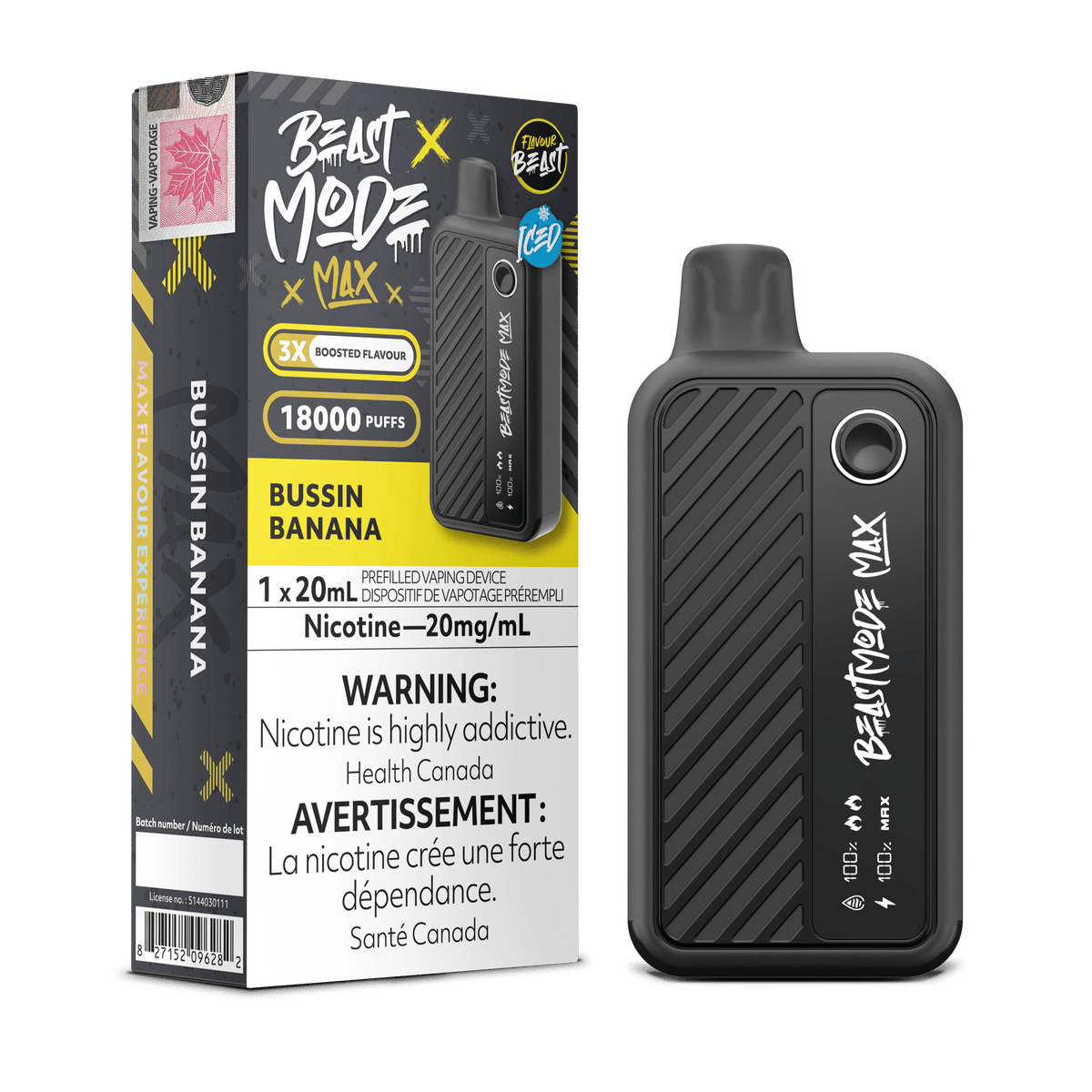 Flavour Beast Beast Mode Max 18K - Bussin Banana Iced Disposable Vape available on Canada online vape shop