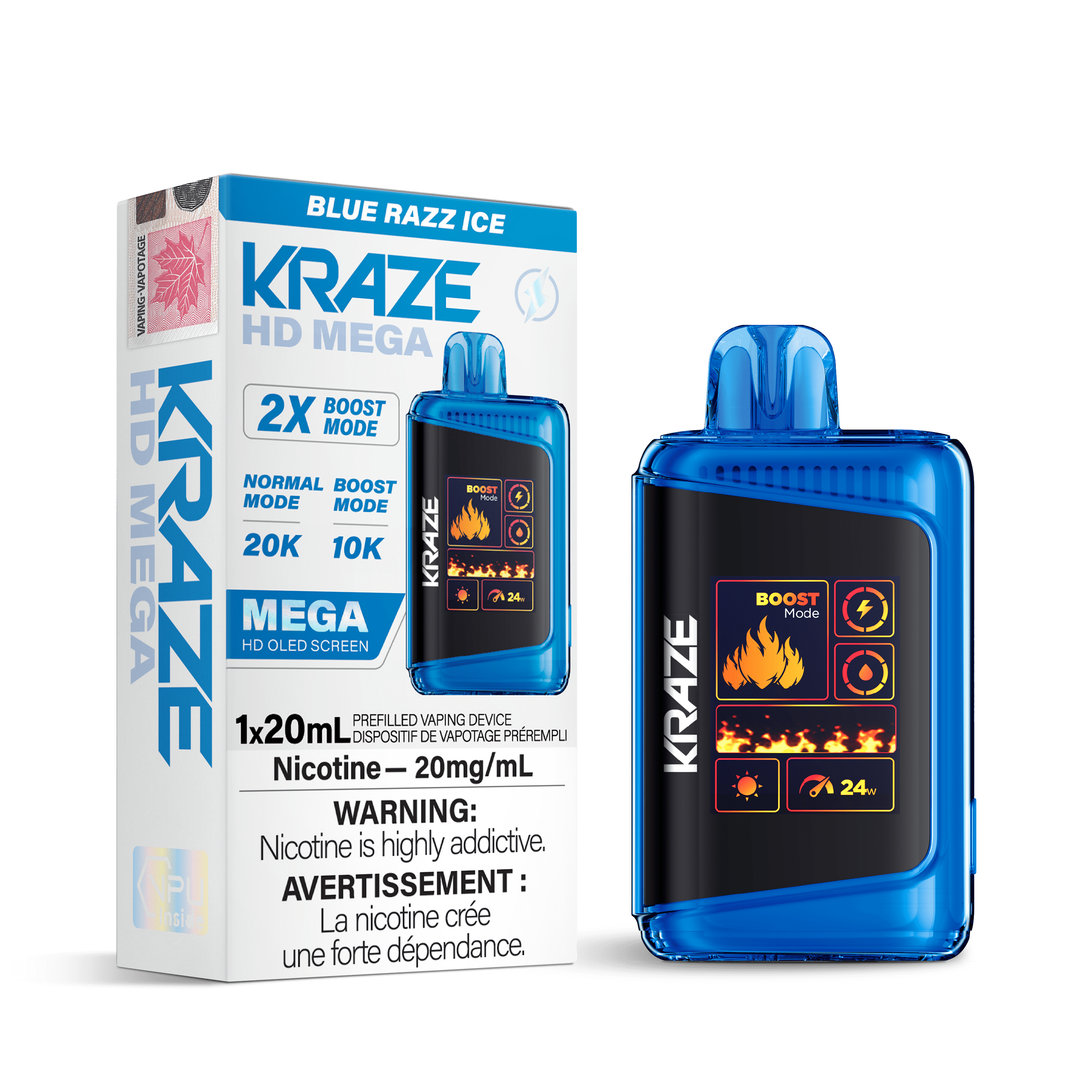 Kraze HD Mega - Blue Razz Ice Disposable Vape available on Canada online vape shop