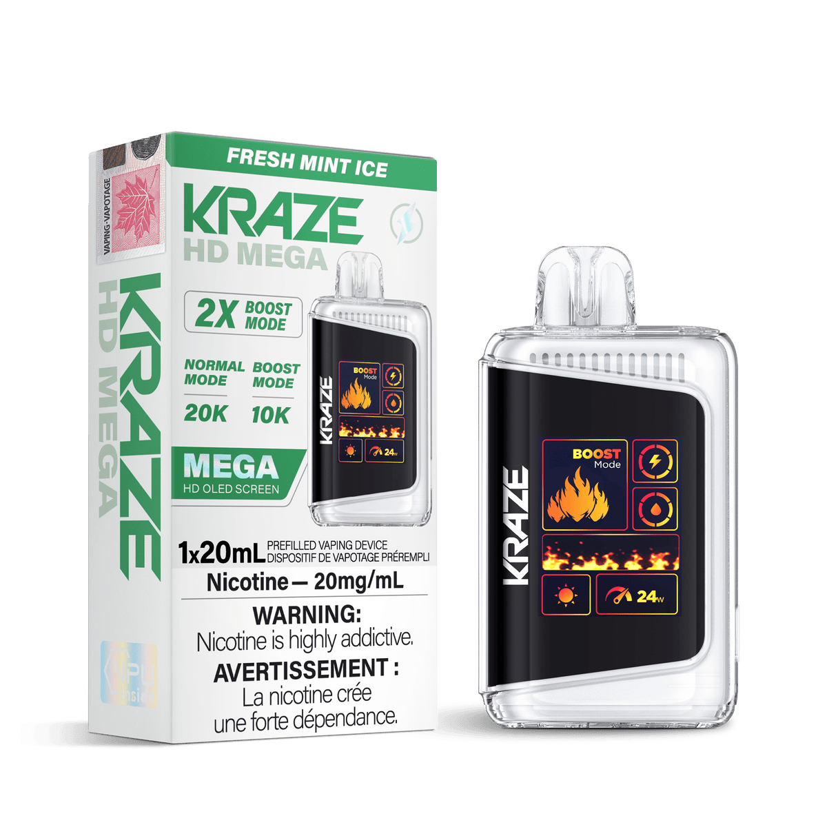 Kraze HD Mega - Fresh Mint Disposable Vape available on Canada online vape shop