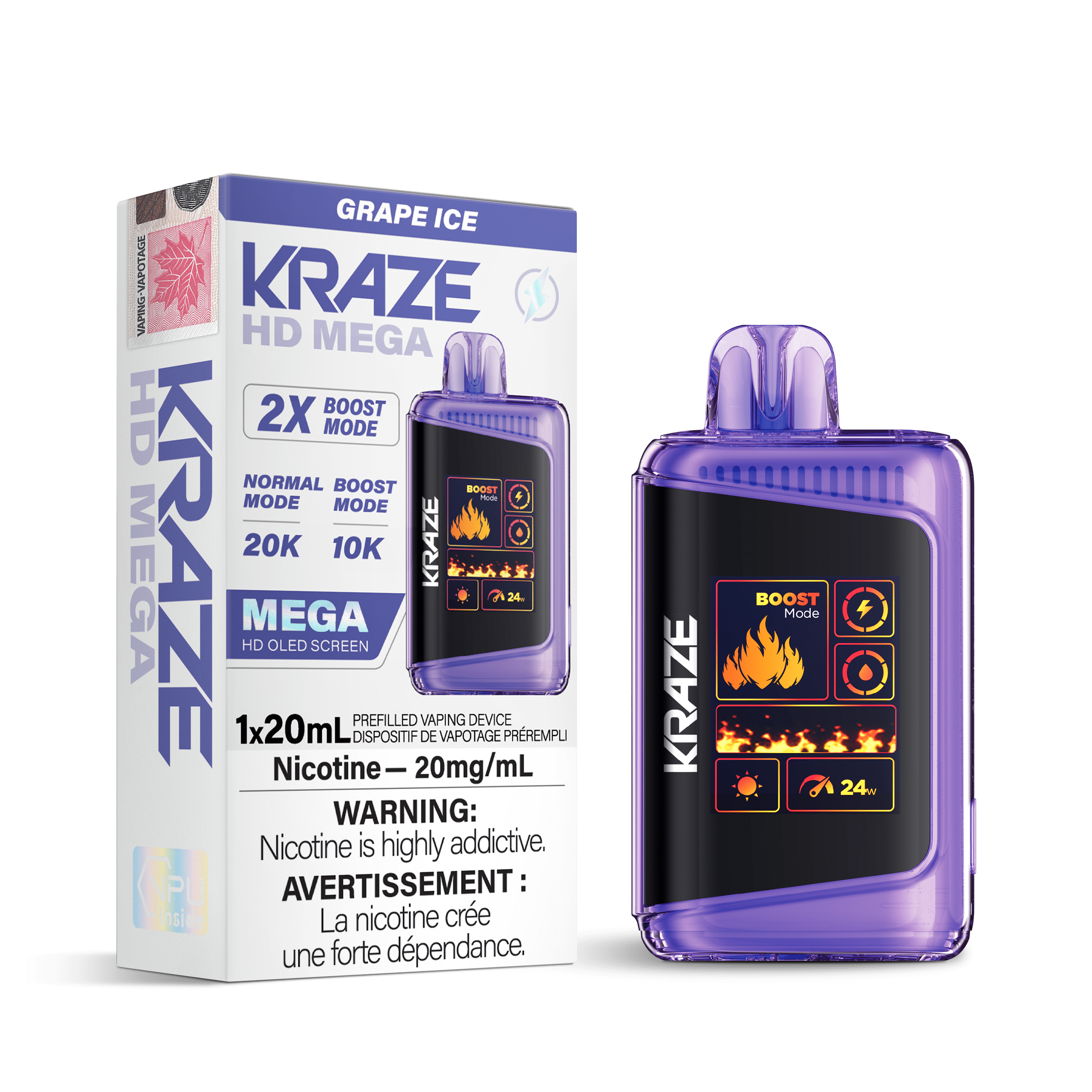 Kraze HD Mega - Grape Ice Disposable Vape available on Canada online vape shop