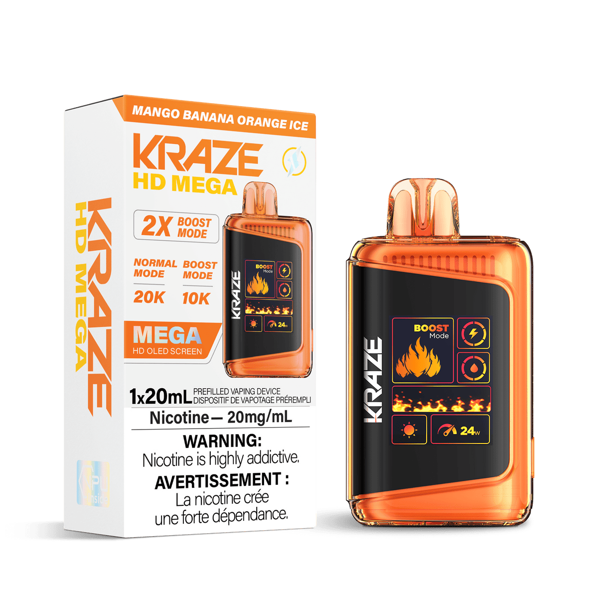 Kraze HD Mega - Mango Banana Orange Ice Disposable Vape available on Canada online vape shop