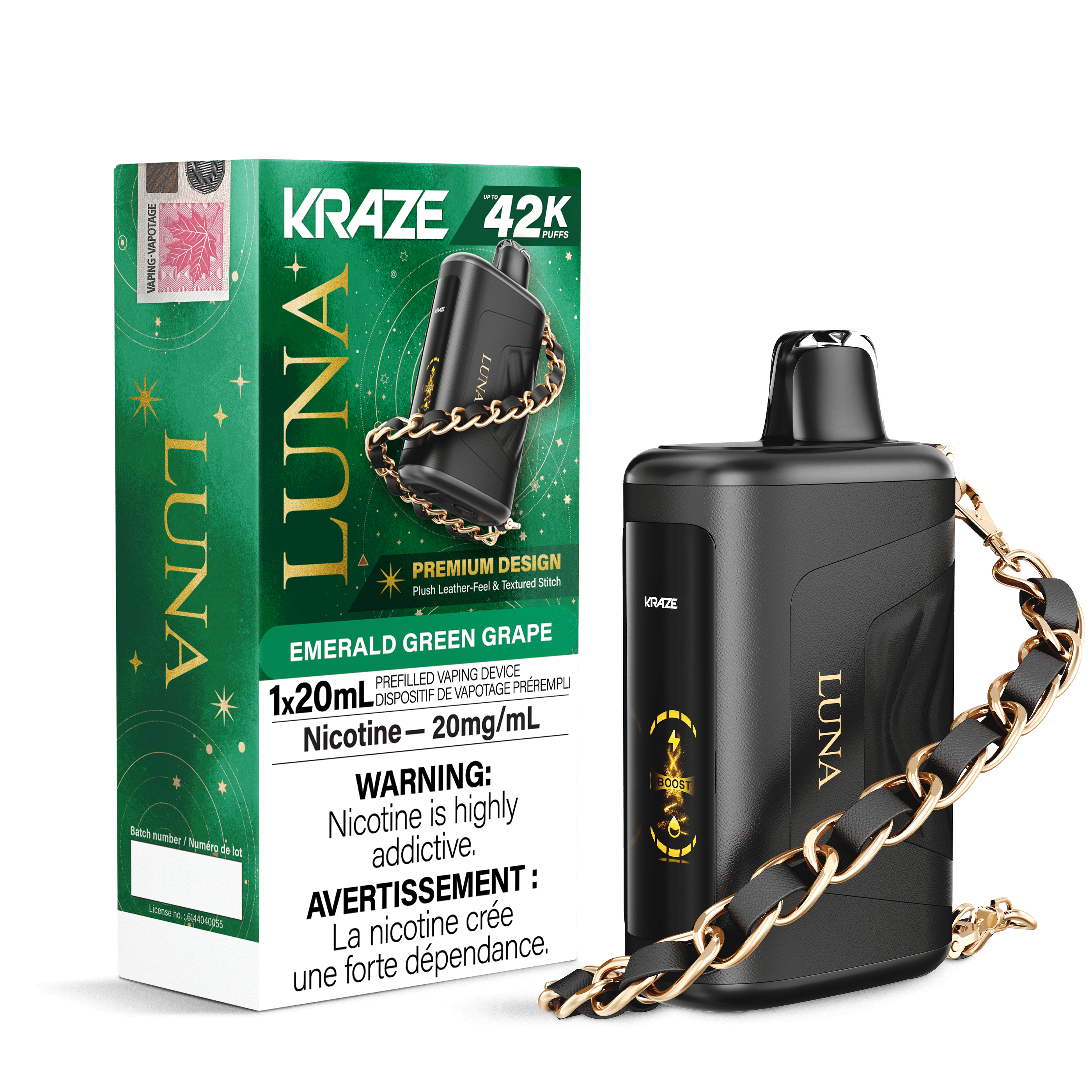 Kraze Luna - Emerald Green Grape Disposable Vape available on Canada online vape shop