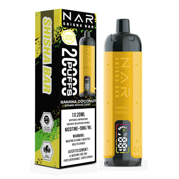 NAR Shisha Bar 20K - Banana Coconut Disposable Vape available on Canada online vape shop