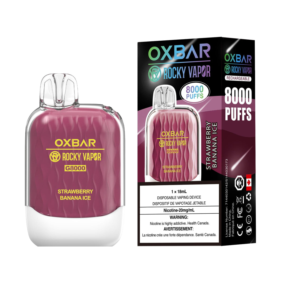 OXBAR x Rocky Vapor G8000 - Strawberry Banana Ice Disposable Vape available on Canada online vape shop