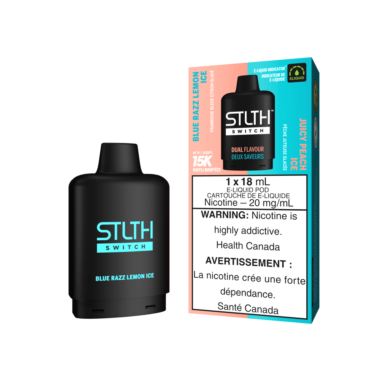 STLTH Switch Pod - Blue Razz Lemon Ice + Juicy Peach Ice available on Canada online vape shop