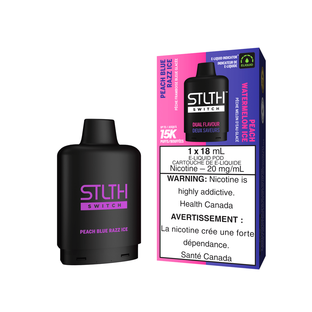 STLTH Switch Pod - Peach Blue Razz Ice + Peach Watermelon Ice available on Canada online vape shop